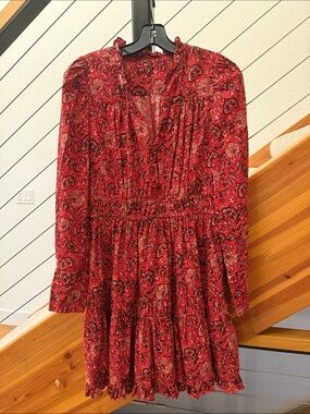 Ulla Johnson Red Paisley Tiered Long-Sleeve Dress